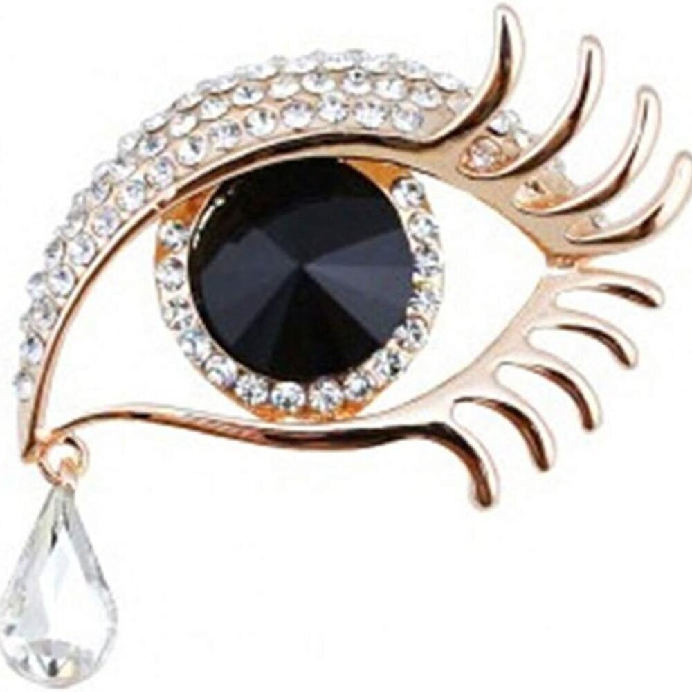 Angel Tears Brooch Pins, Elegant Rhinestone Sapphire Big Eyes Alloy Long Eyelash